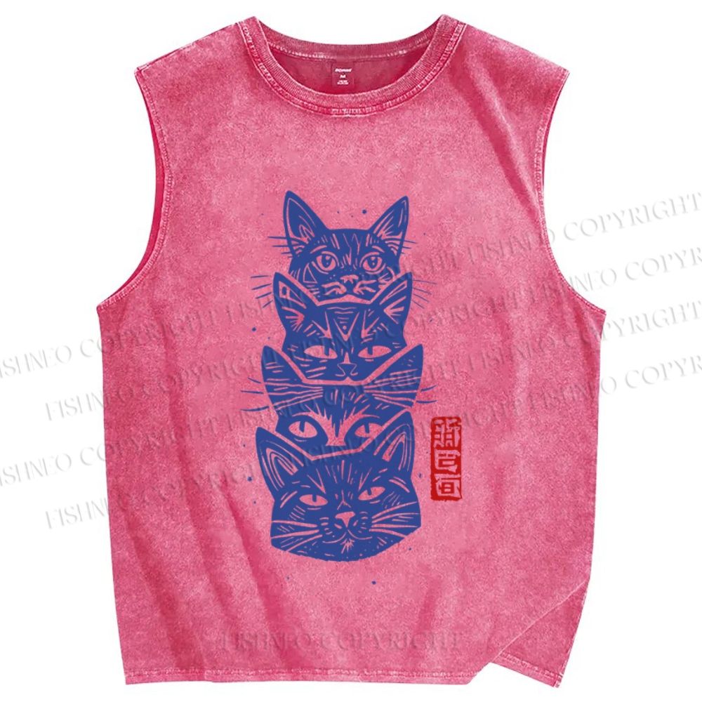 Unisex Vintage Cat Printed Washed Tank Top