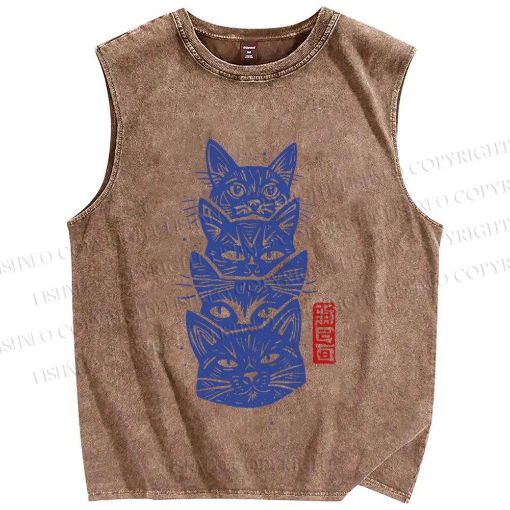 Unisex Vintage Cat Printed Washed Tank Top