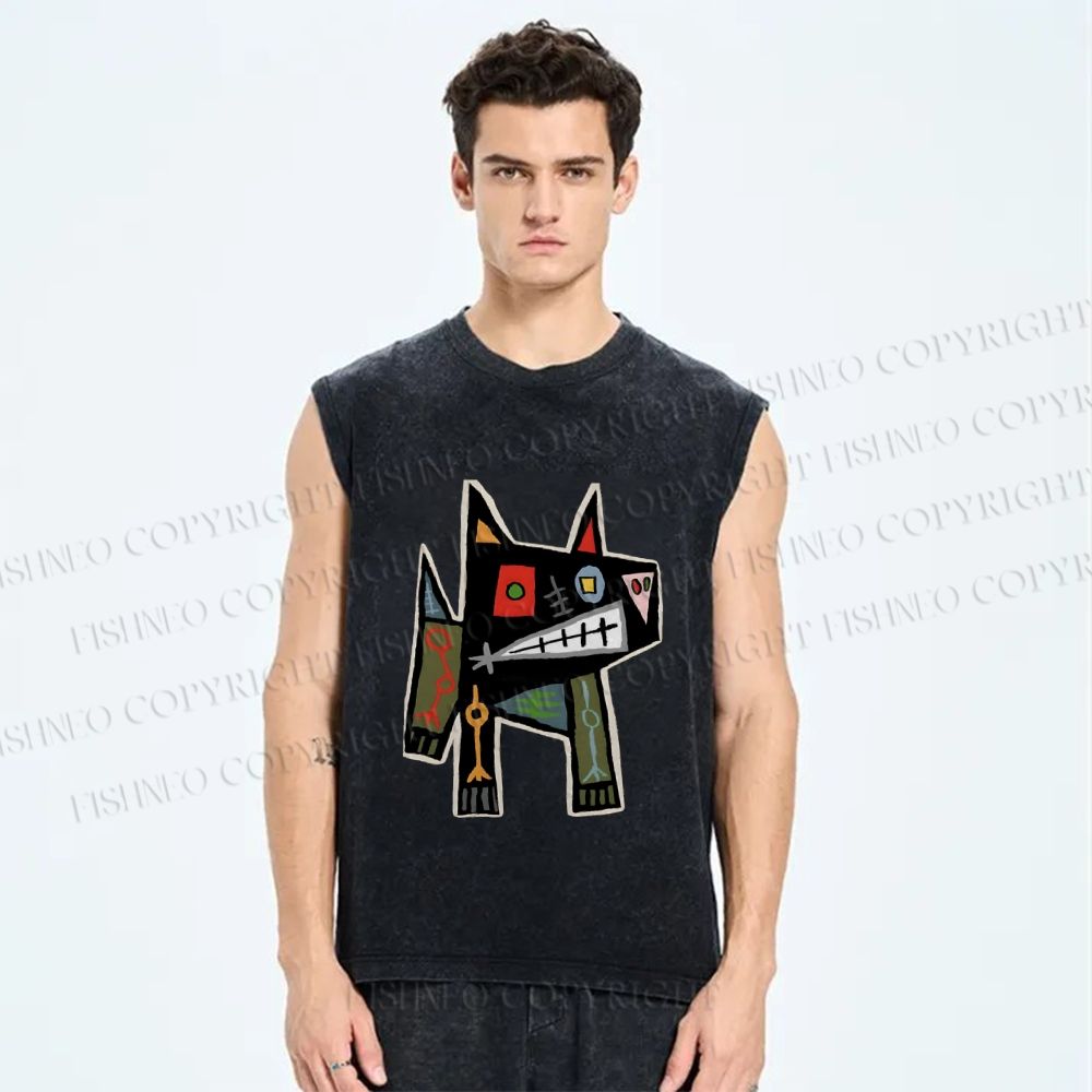 Unisex Vintage Abstract Art Printed Washed Tank Top