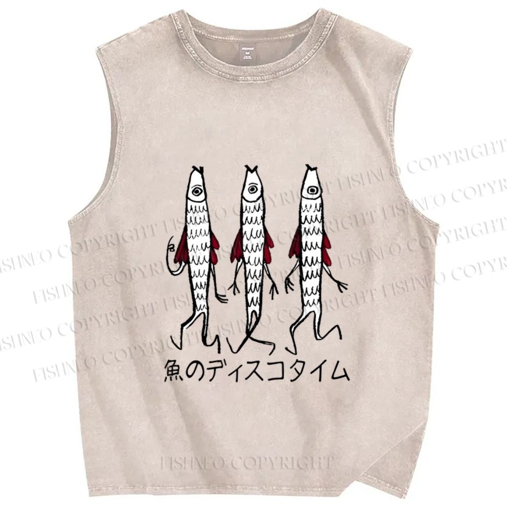 Unisex Japanese Silly Fish Printed Washed Tank Top