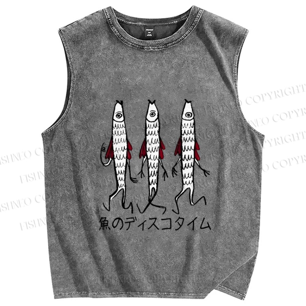Unisex Japanese Silly Fish Printed Washed Tank Top
