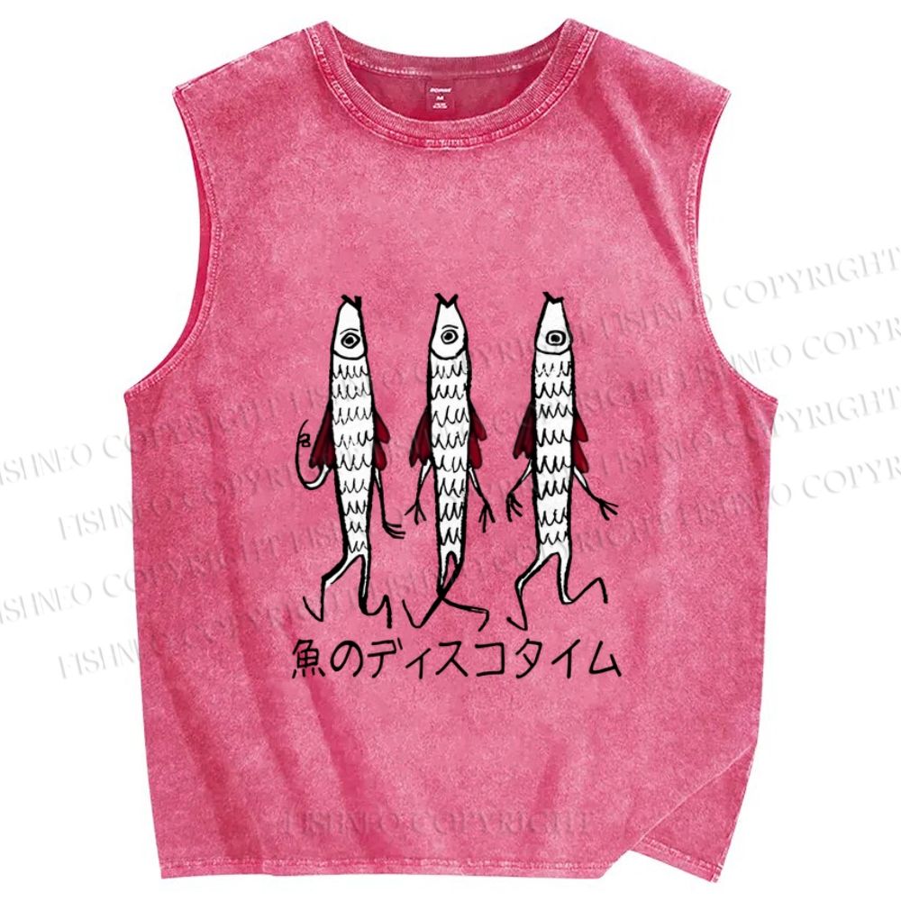 Unisex Japanese Silly Fish Printed Washed Tank Top