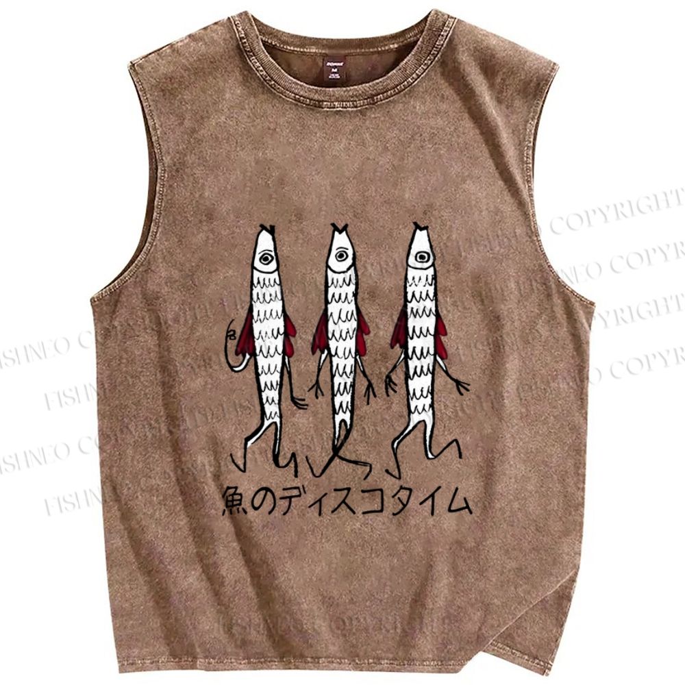 Unisex Japanese Silly Fish Printed Washed Tank Top