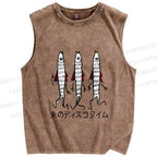 Unisex Japanese Silly Fish Printed Washed Tank Top
