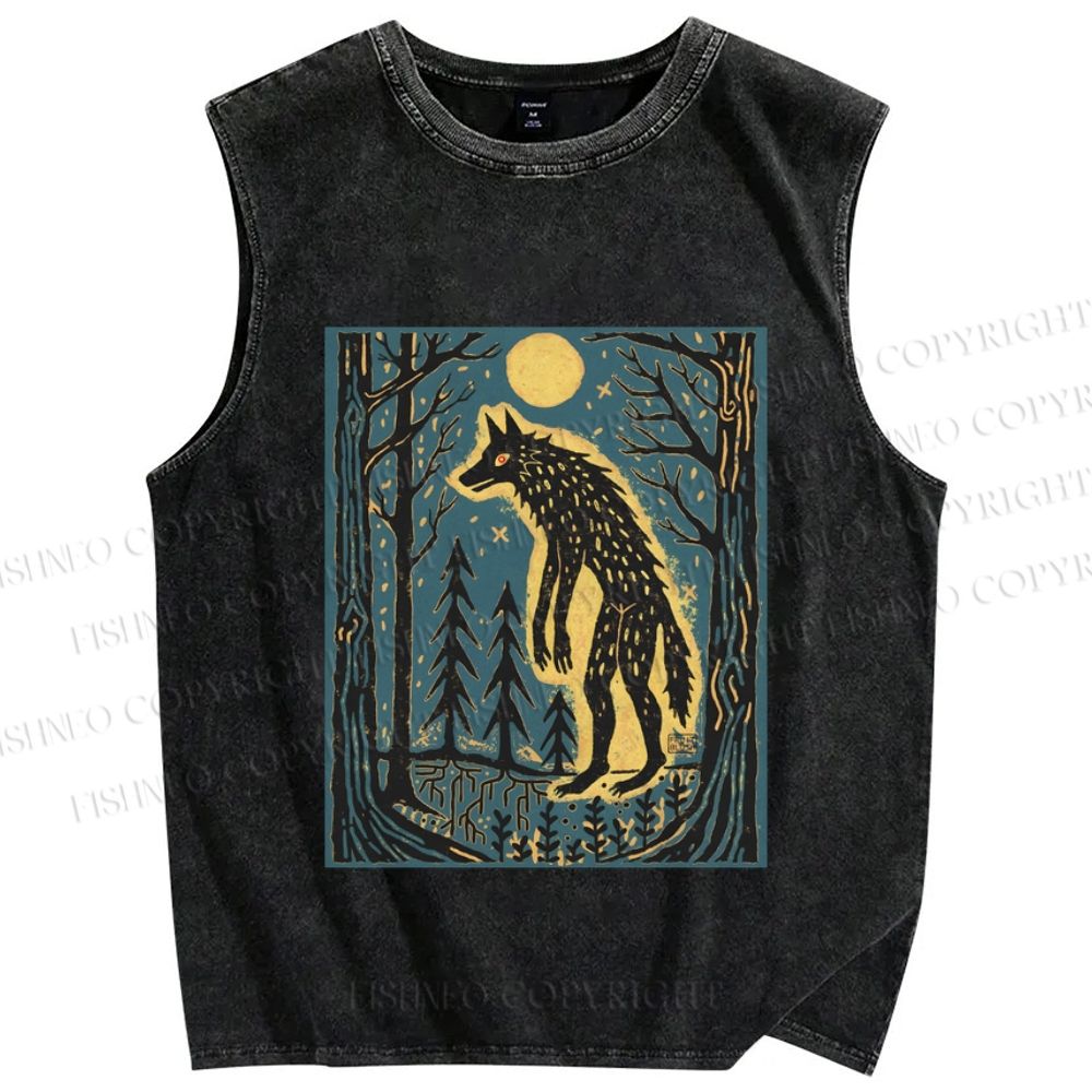 Unisex Vintage Wolf In Moonlight Printed Washed Tank Top