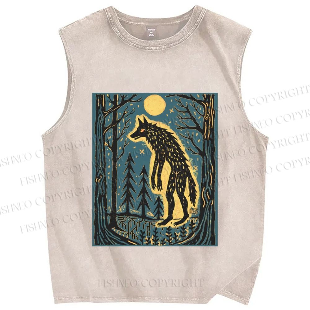 Unisex Vintage Wolf In Moonlight Printed Washed Tank Top