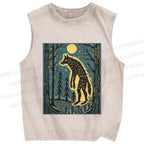 Unisex Vintage Wolf In Moonlight Printed Washed Tank Top
