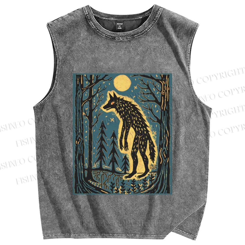 Unisex Vintage Wolf In Moonlight Printed Washed Tank Top