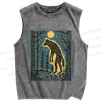 Unisex Vintage Wolf In Moonlight Printed Washed Tank Top