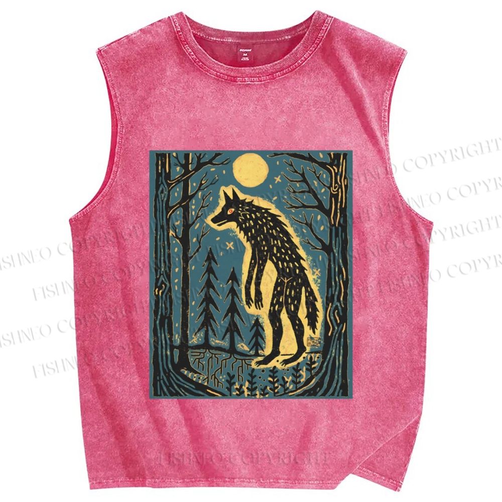 Unisex Vintage Wolf In Moonlight Printed Washed Tank Top