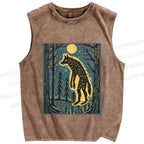 Unisex Vintage Wolf In Moonlight Printed Washed Tank Top