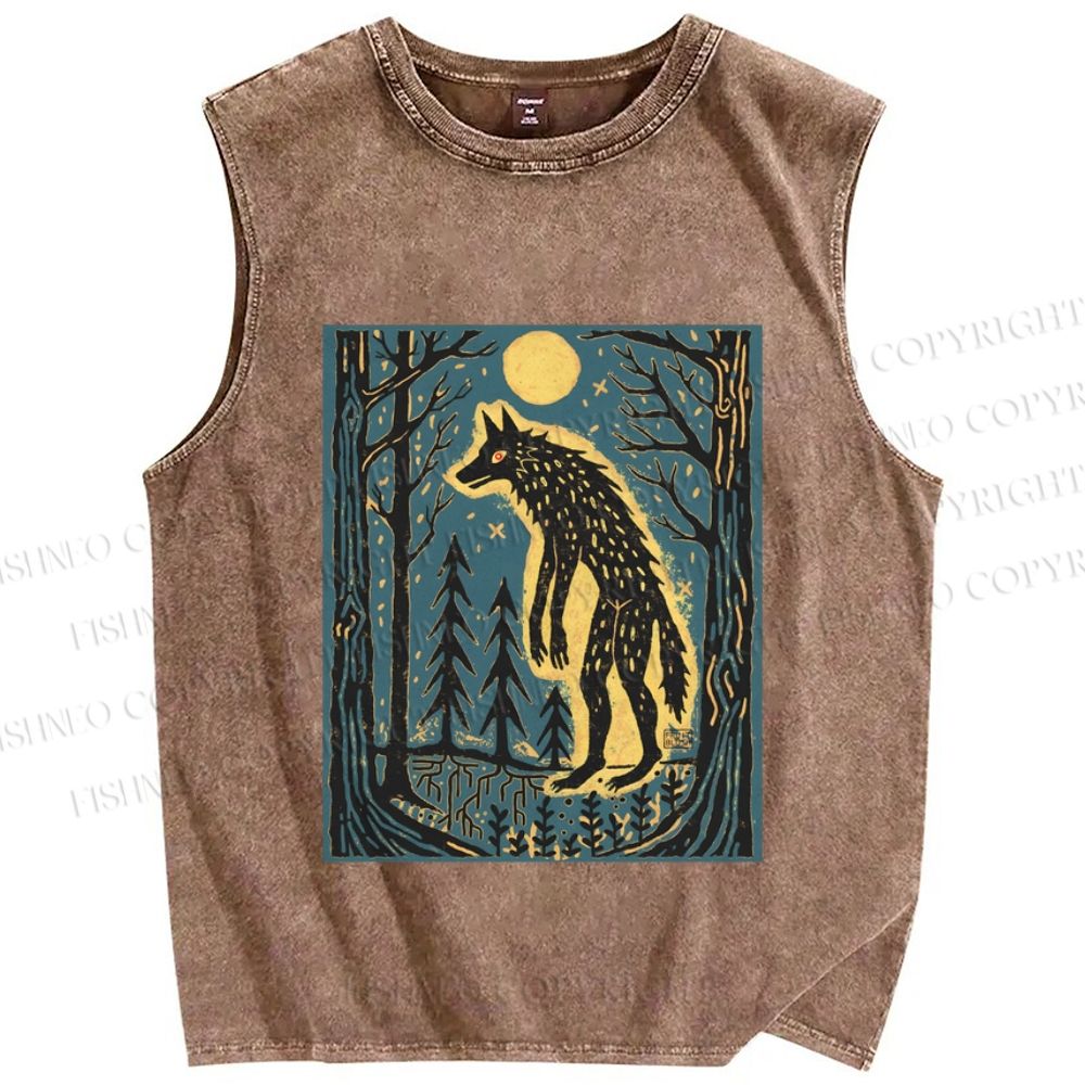 Unisex Vintage Wolf In Moonlight Printed Washed Tank Top