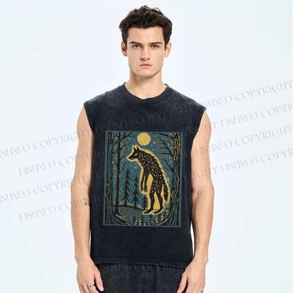 Unisex Vintage Wolf In Moonlight Printed Washed Tank Top