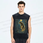 Unisex Vintage Wolf In Moonlight Printed Washed Tank Top