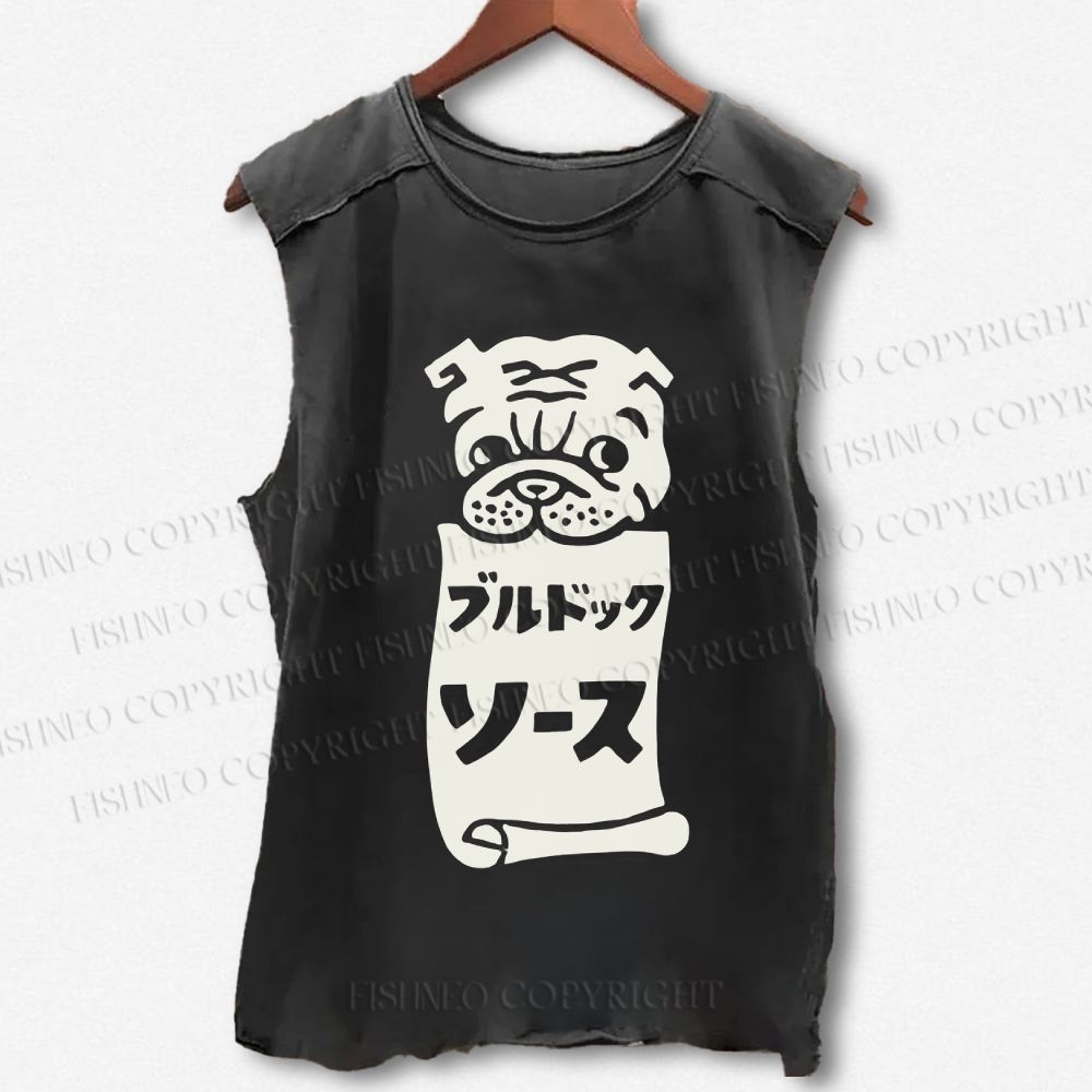 Unisex Japanese Silly Dog Printed Washed Tank Top