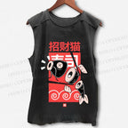 Unisex Vintage Fish Sushi Printed Washed Tank Top