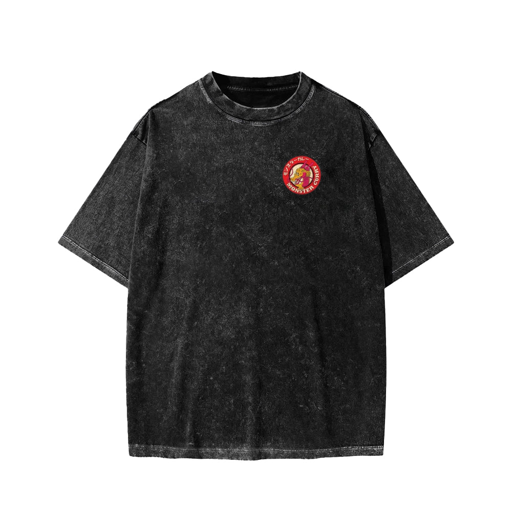 Unisex Japanese Dragon Ryuu Monster Curry Front And Back Printed Washed Tee