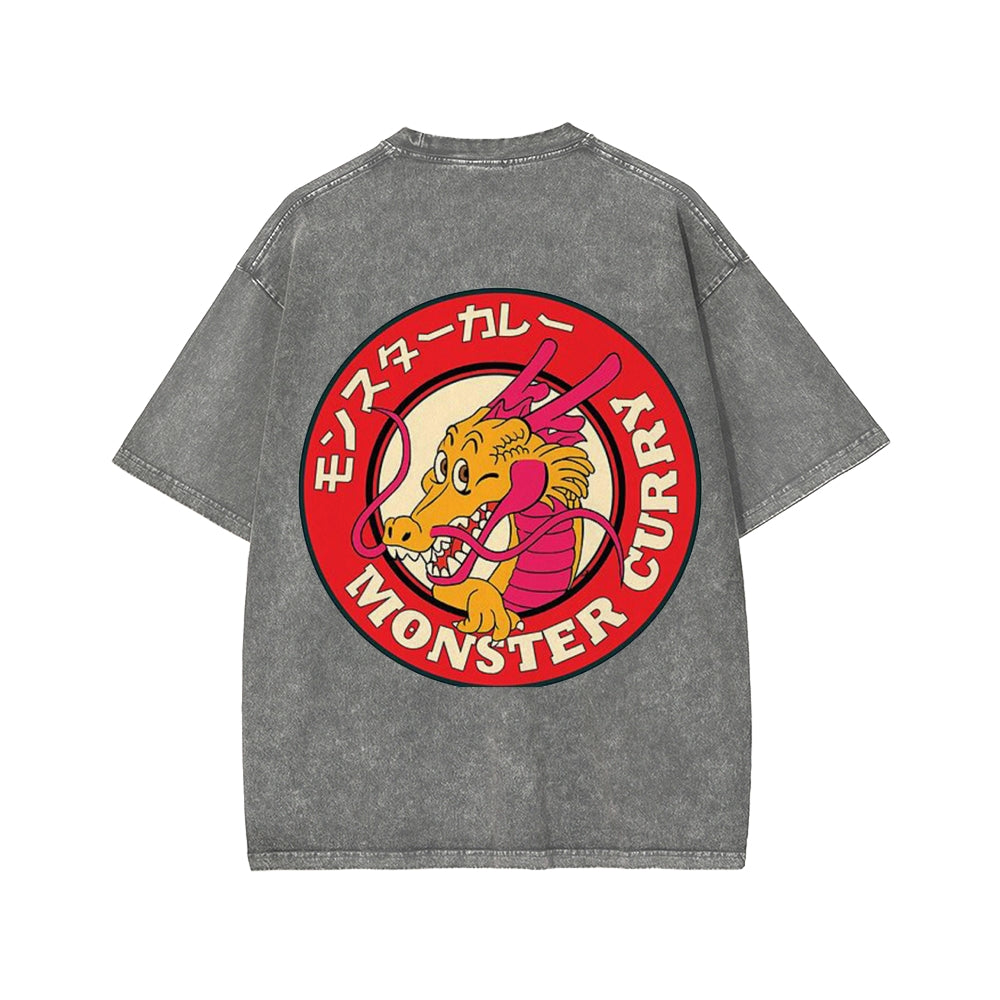 Unisex Japanese Dragon Ryuu Monster Curry Front And Back Printed Washed Tee