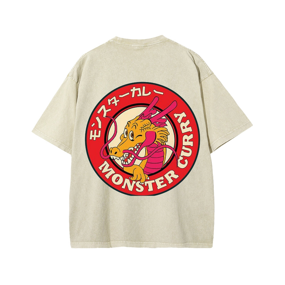 Unisex Japanese Dragon Ryuu Monster Curry Front And Back Printed Washed Tee