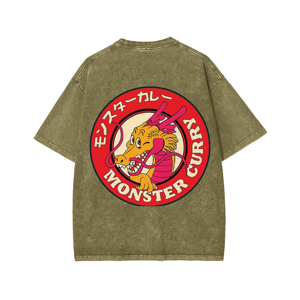 Unisex Japanese Dragon Ryuu Monster Curry Front And Back Printed Washed Tee