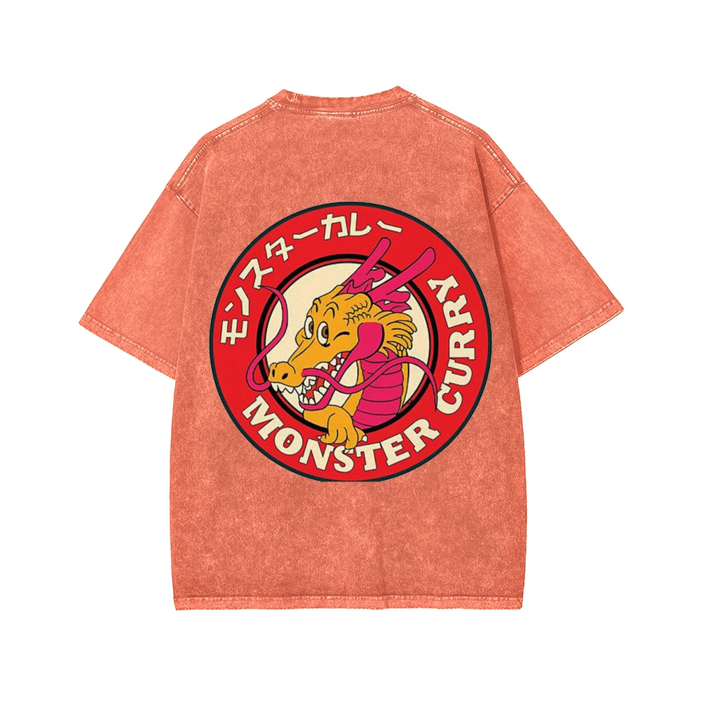Unisex Japanese Dragon Ryuu Monster Curry Front And Back Printed Washed Tee