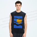 Unisex Geometric Waves Printed Washed Tank Top