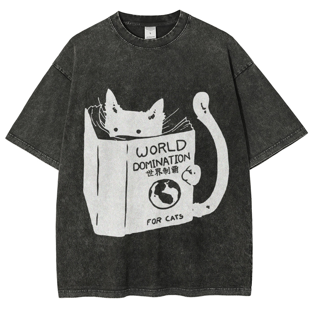 Cat Reading Book World Domination For Cat Funny meme Vintage Washed T-shirt