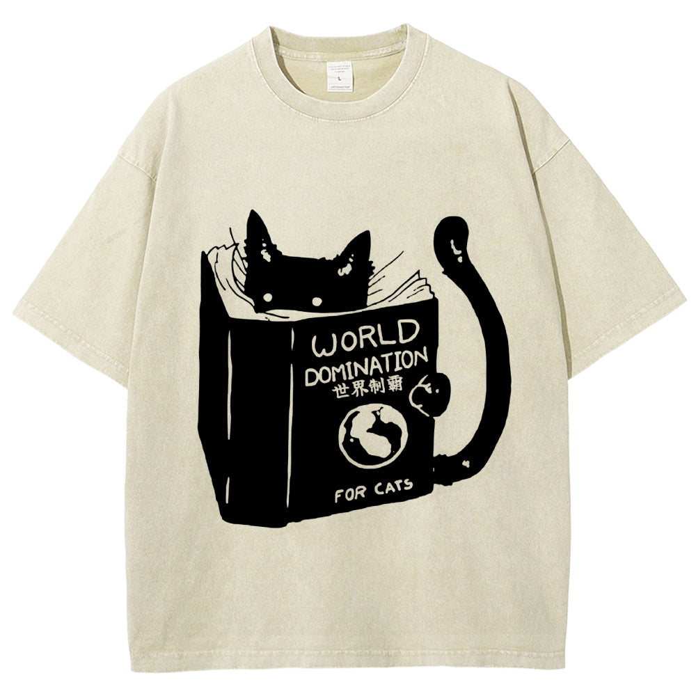 Cat Reading Book World Domination For Cat Funny meme Vintage Washed T-shirt