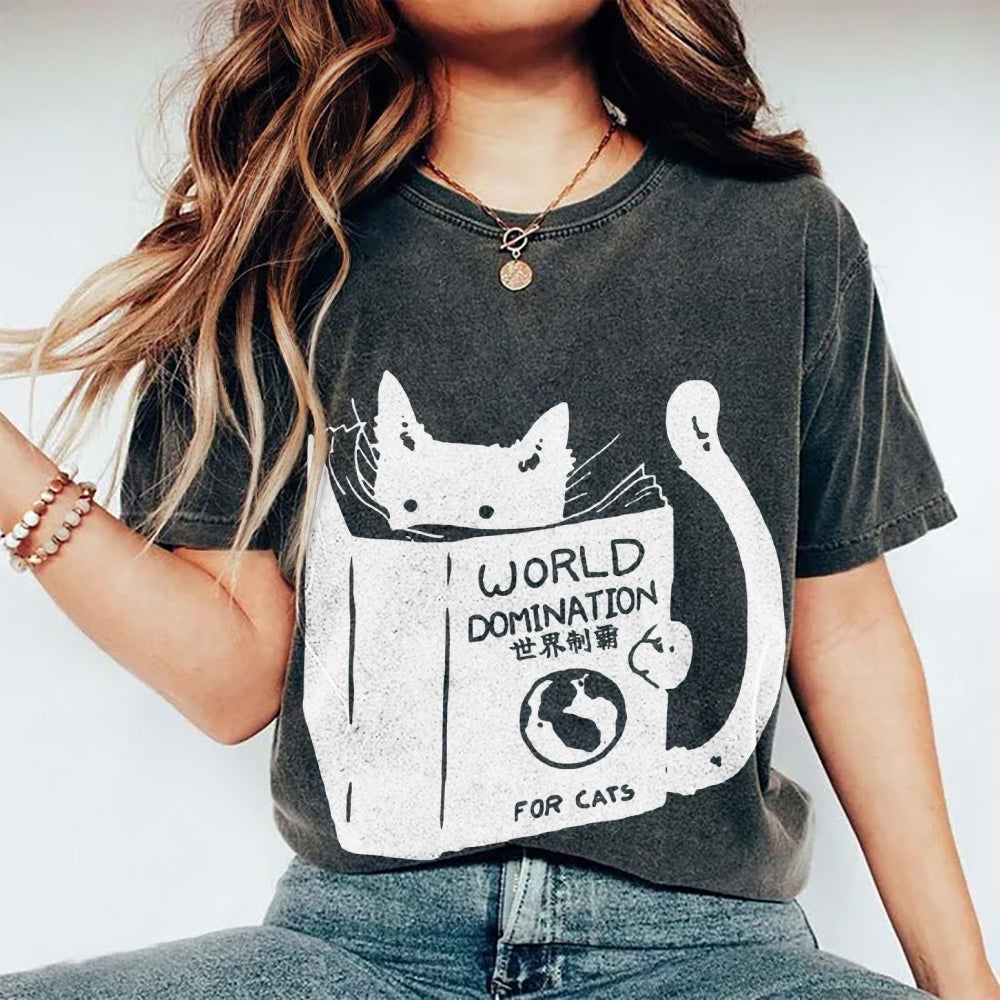 Cat Reading Book World Domination For Cat Funny meme Vintage Washed T-shirt