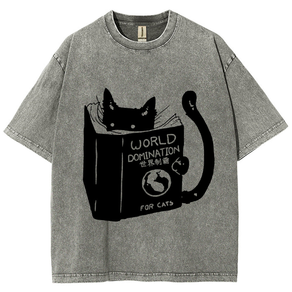 Cat Reading Book World Domination For Cat Funny meme Vintage Washed T-shirt