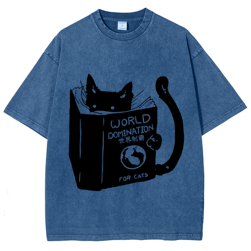 Cat Reading Book World Domination For Cat Funny meme Vintage Washed T-shirt