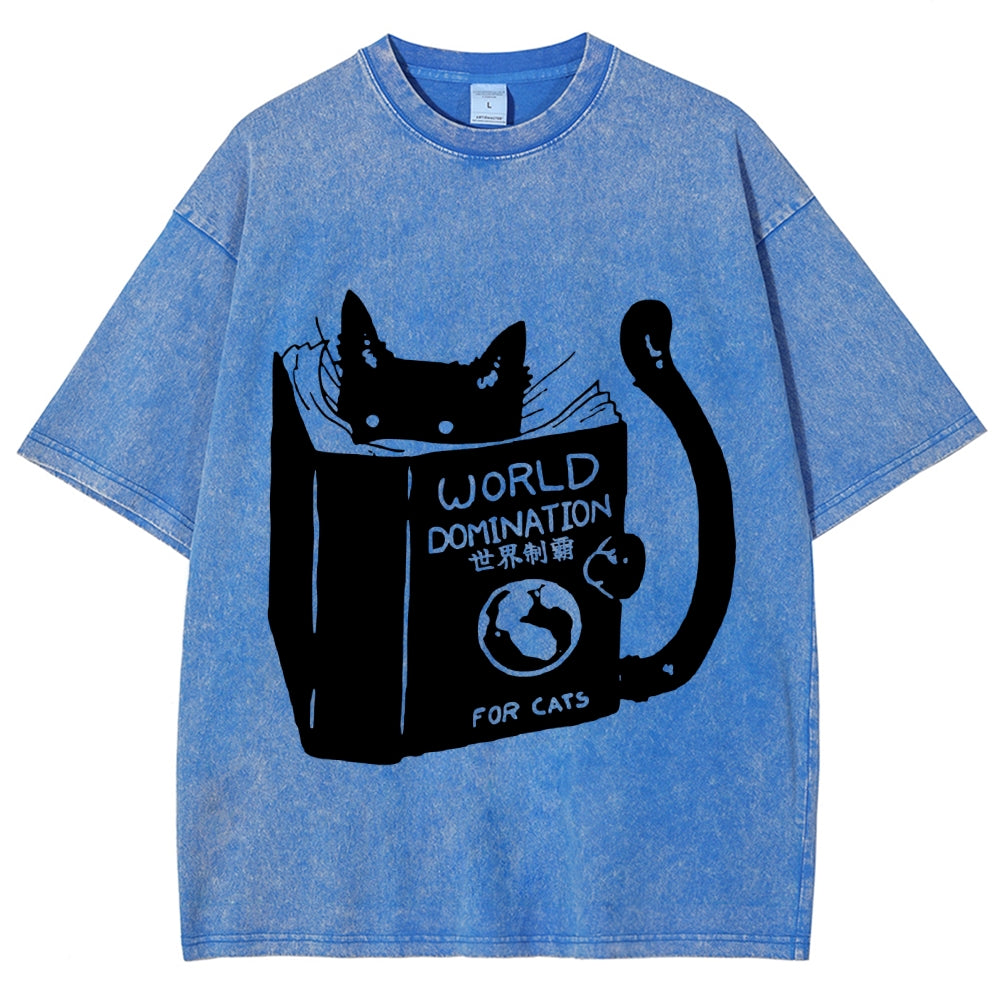 Cat Reading Book World Domination For Cat Funny meme Vintage Washed T-shirt