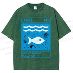 Unisex Waves Fish Printed Washed Tee