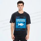 Unisex Waves Fish Printed Washed Tee