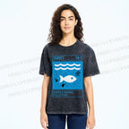 Unisex Waves Fish Printed Washed Tee