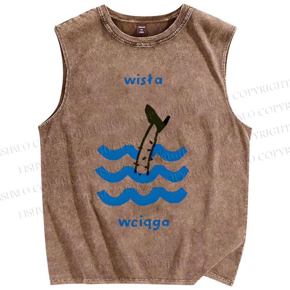 Unisex Waves Fish Printed Washed Tank Top