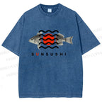 Unisex Sushi Fish Printed Washed Tee
