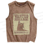 Unisex Wanted Dead And Alive Cat Printed Washed Tank Top