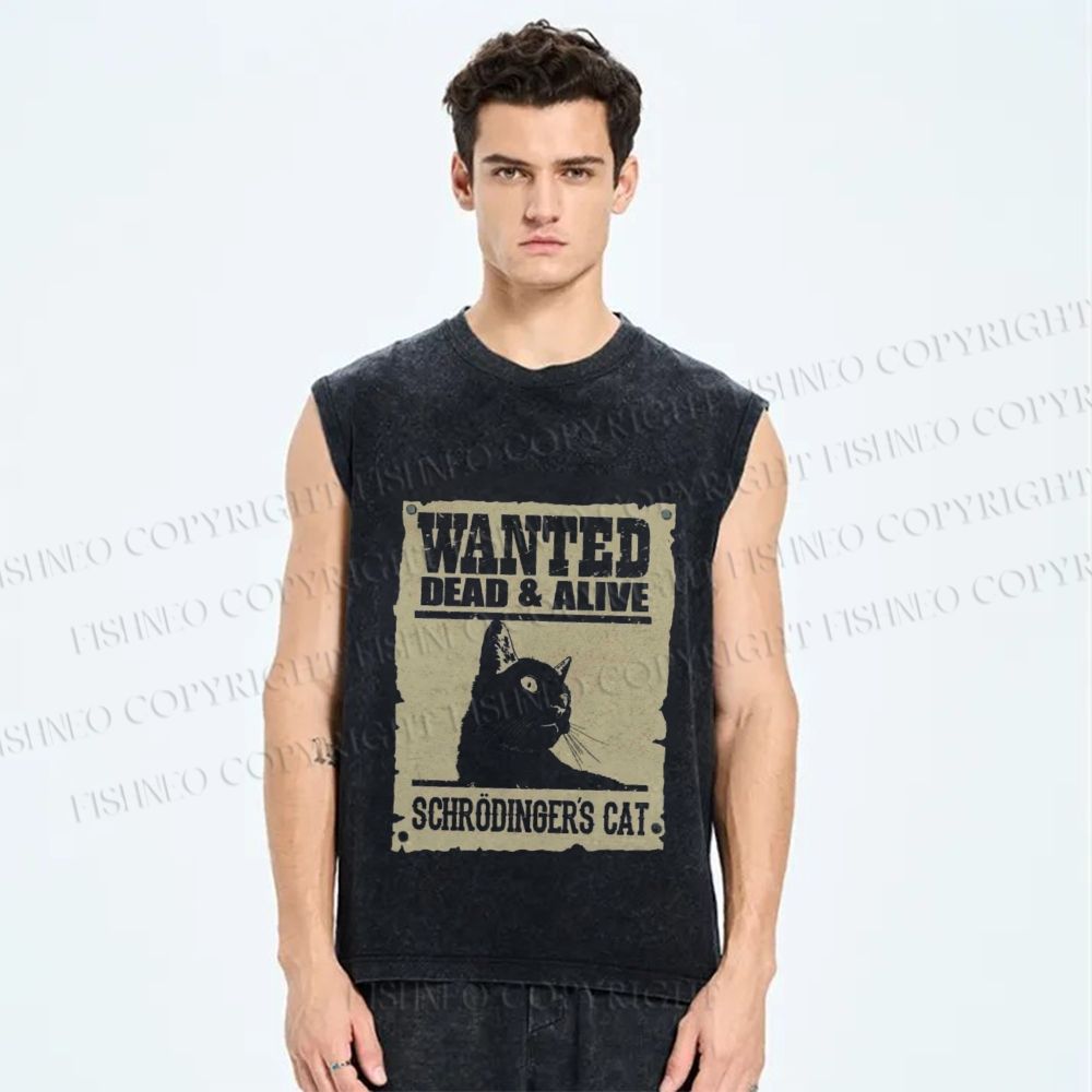 Unisex Wanted Dead And Alive Cat Printed Washed Tank Top