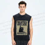 Unisex Wanted Dead And Alive Cat Printed Washed Tank Top
