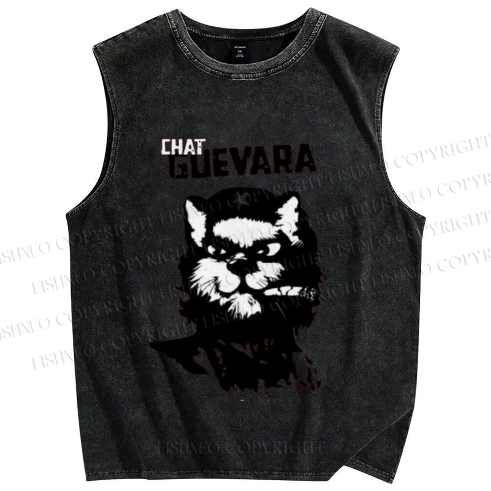 Unisex Chat Guevara Cat Printed Washed Tank Top