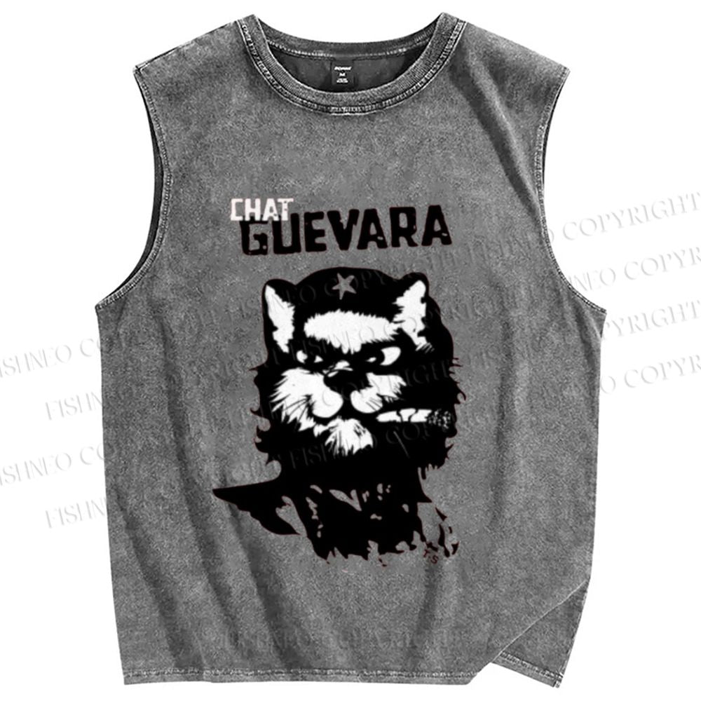 Unisex Chat Guevara Cat Printed Washed Tank Top