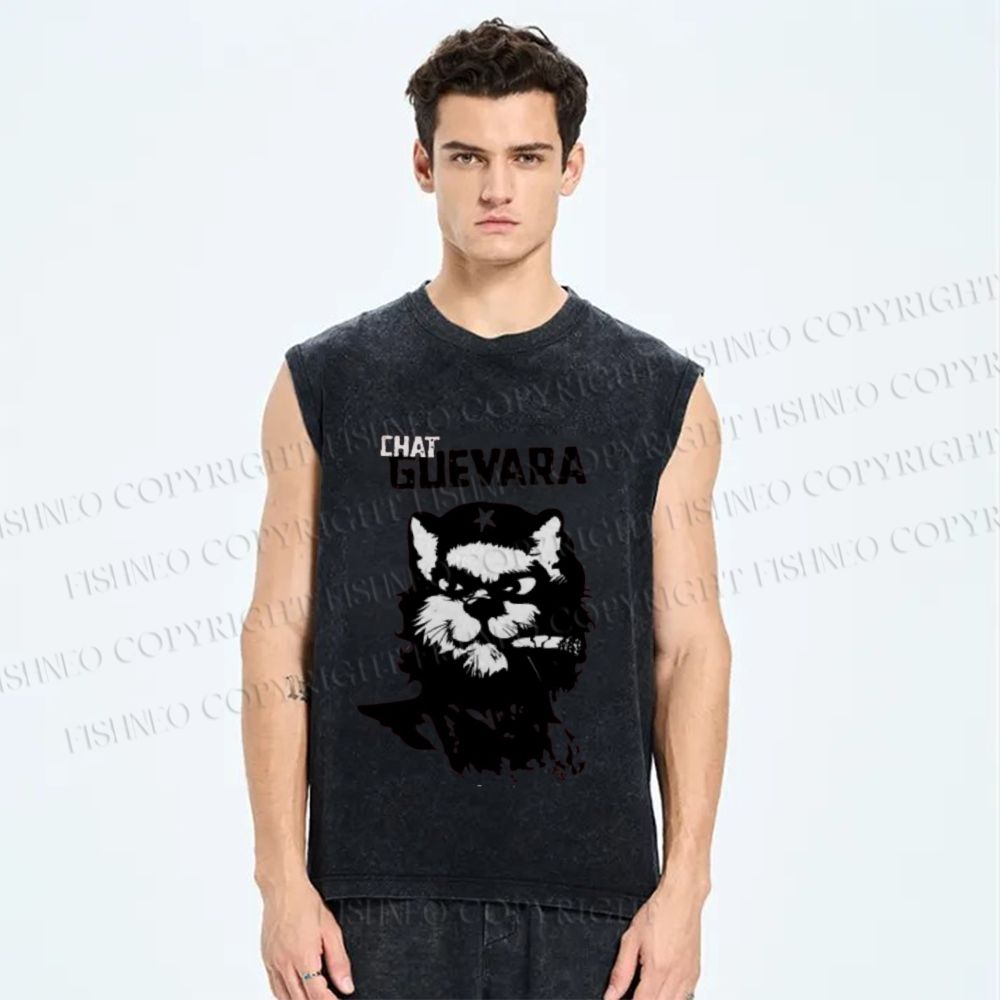 Unisex Chat Guevara Cat Printed Washed Tank Top