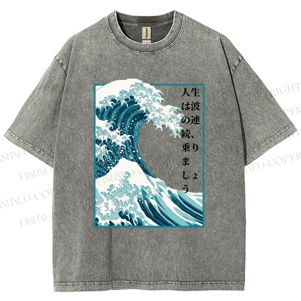 Unisex Japanese Waves Printed Washed Tee