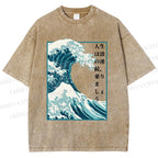 Unisex Japanese Waves Printed Washed Tee