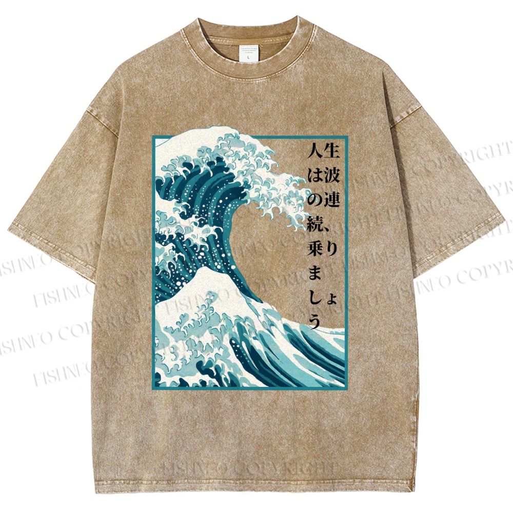 Unisex Japanese Waves Printed Washed Tee