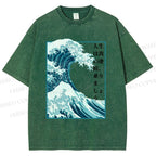 Unisex Japanese Waves Printed Washed Tee