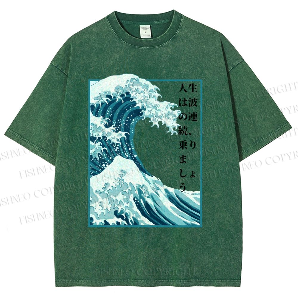 Unisex Japanese Waves Printed Washed Tee