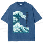 Unisex Japanese Waves Printed Washed Tee
