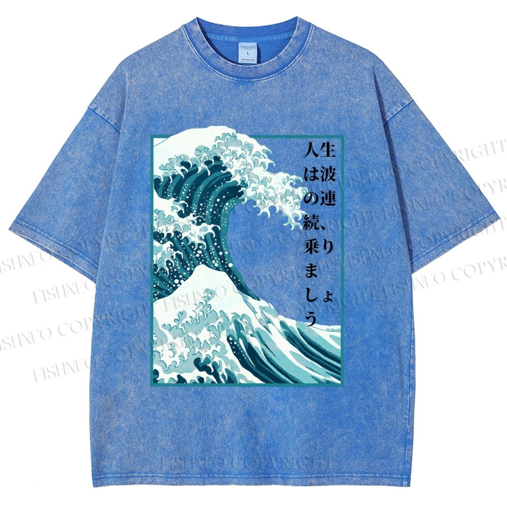 Unisex Japanese Waves Printed Washed Tee
